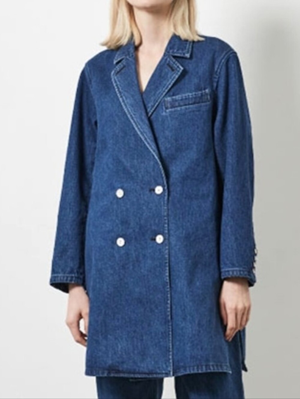 Oversized Denim Double-Breasted Coat - Blue